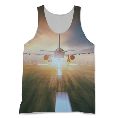 Airplane Flying Over Runway aviation design on breathable cotton 3D-printed tank top.