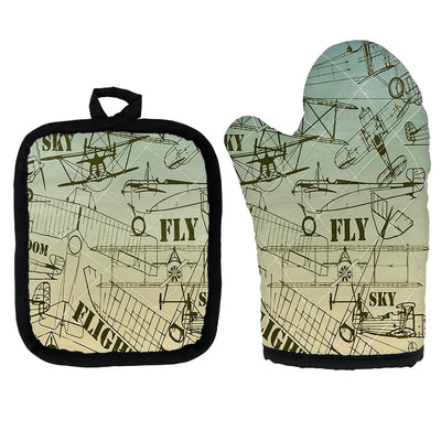Retro Airplanes & Text Kitchen Glove & Holder aviation design on durable fabric with insulated lining kitchen glove holder.