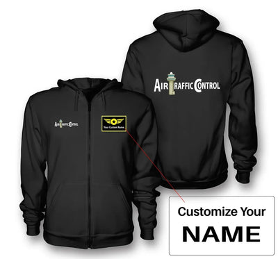 Air Traffic Control aviation design on soft cotton blend zipped hoodie.