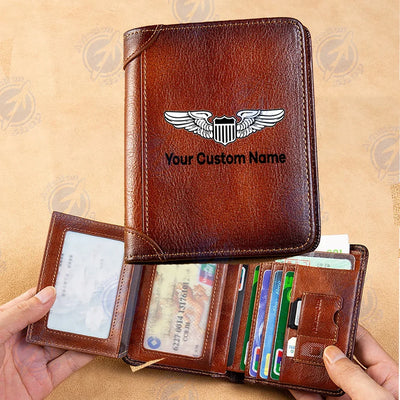 Custom Name (Military Badge) aviation print leather wallet, leather.