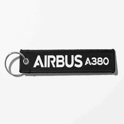 Airbus A380 & Text aviation Remove Before Flight key chain, aviation-tag style webbing.