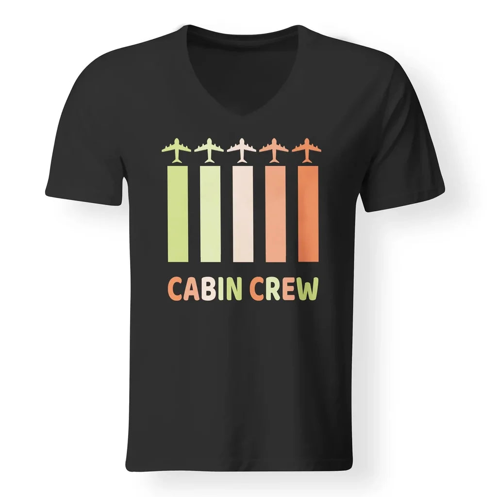 Colourful Cabin Crew aviation design printed on soft cotton V-neck T-shirt.