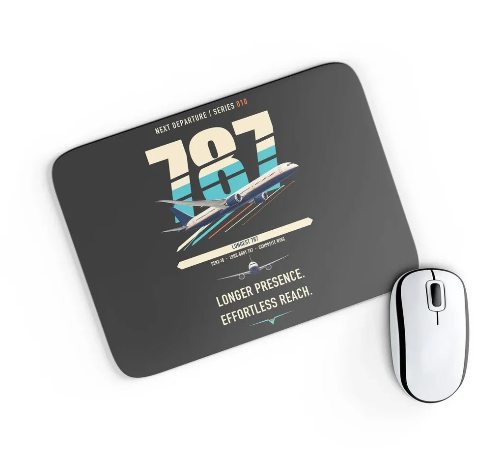 Boeing 787-10 Dreamliner design on black rectangle mouse pad