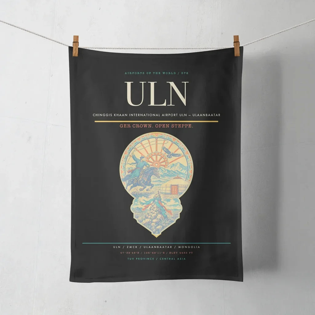 Chinggis Khaan International Airport (ULN) design on black towel