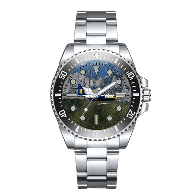Side view of Amazing View with Blue Angels Aircraft Luxury Aviators aviation aviator watch in premium stainless steel, polish.