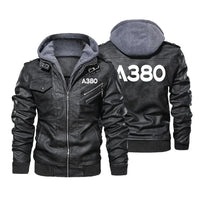 Thumbnail for Airbus A380 Flat Text aviation design printed on genuine leather with detachable hood hooded leather jacket.