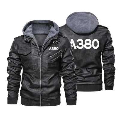 Airbus A380 Flat Text aviation design printed on genuine leather with detachable hood hooded leather jacket.