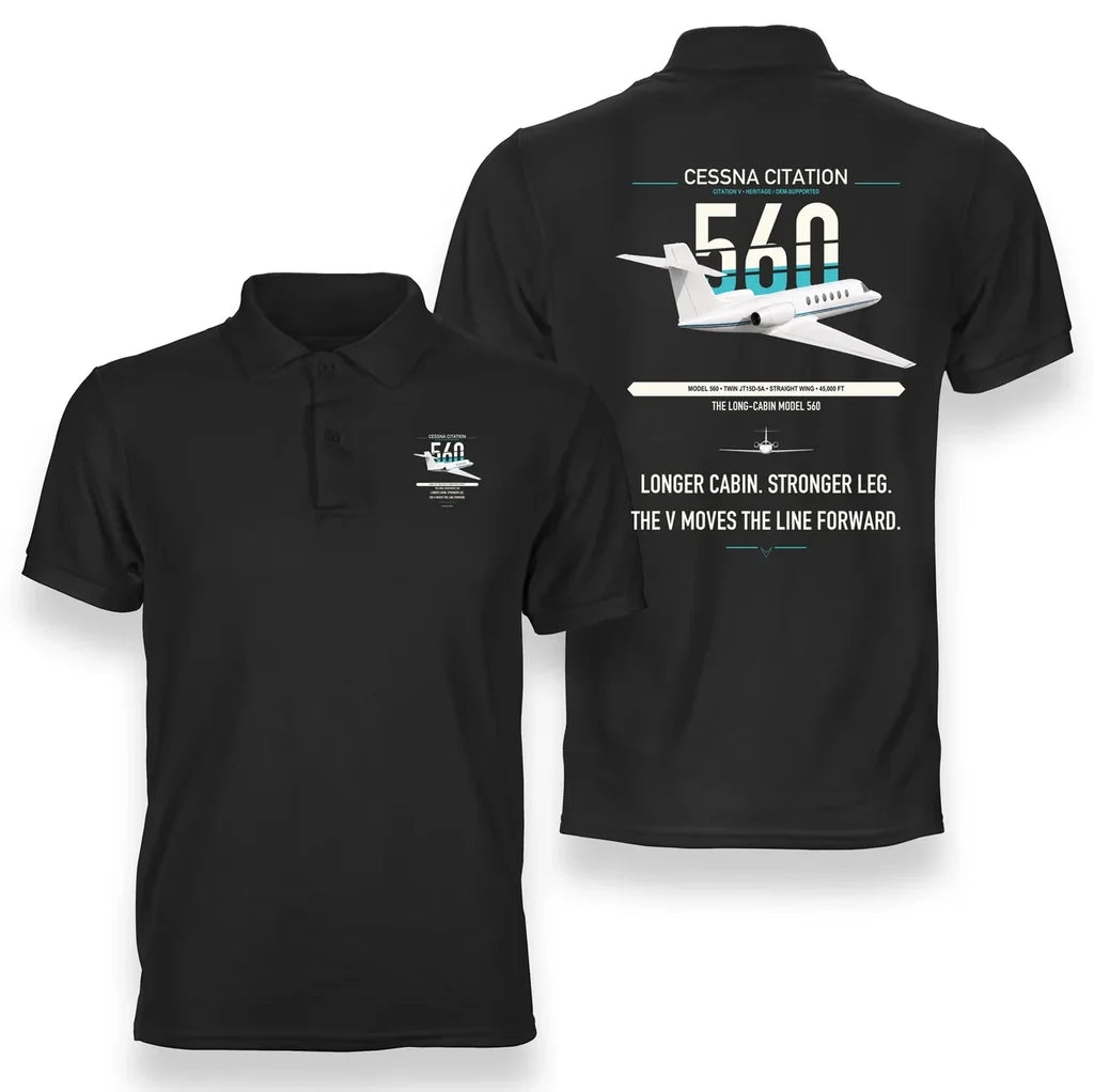 Cessna Citation 560 - Citation V design on black double-side polo t-shirt, double-side print