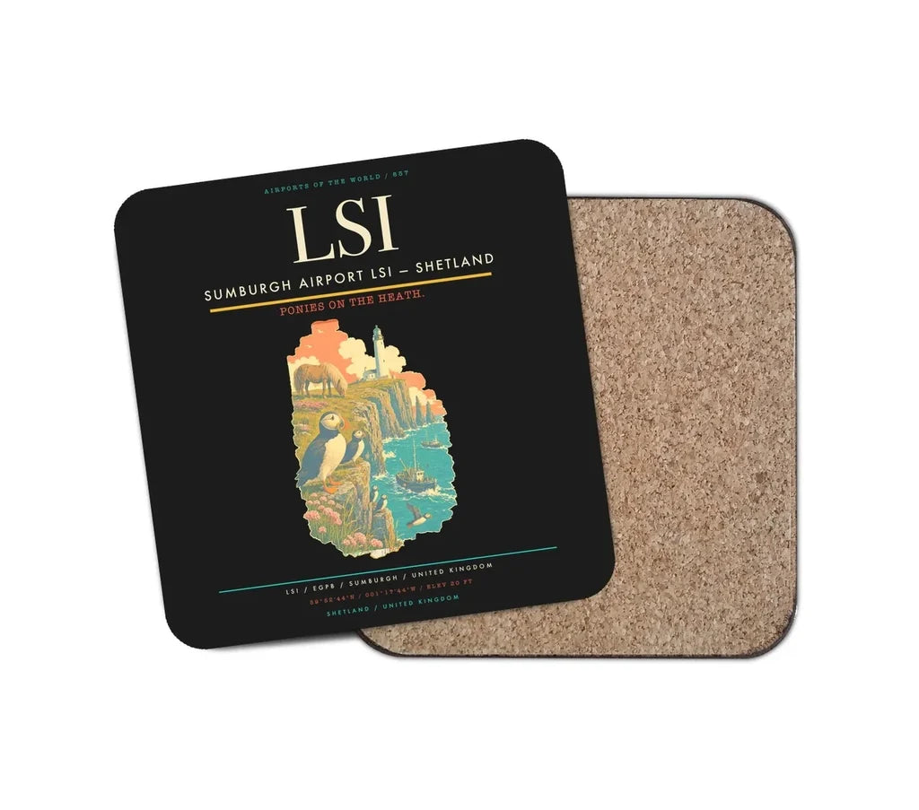 Sumburgh Airport (LSI) design on black 1 piece coaster