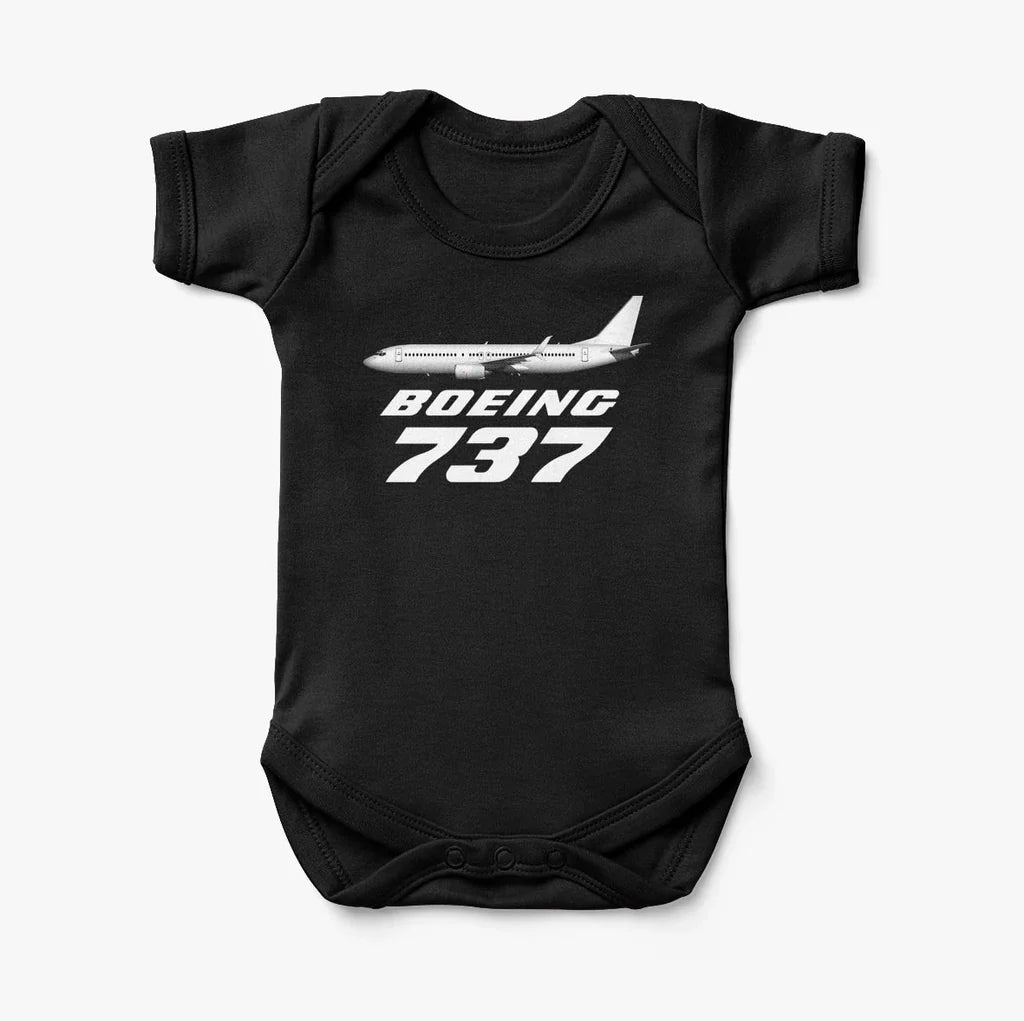 The Boeing 737 aviation print on kids gentle cotton bodysuit.