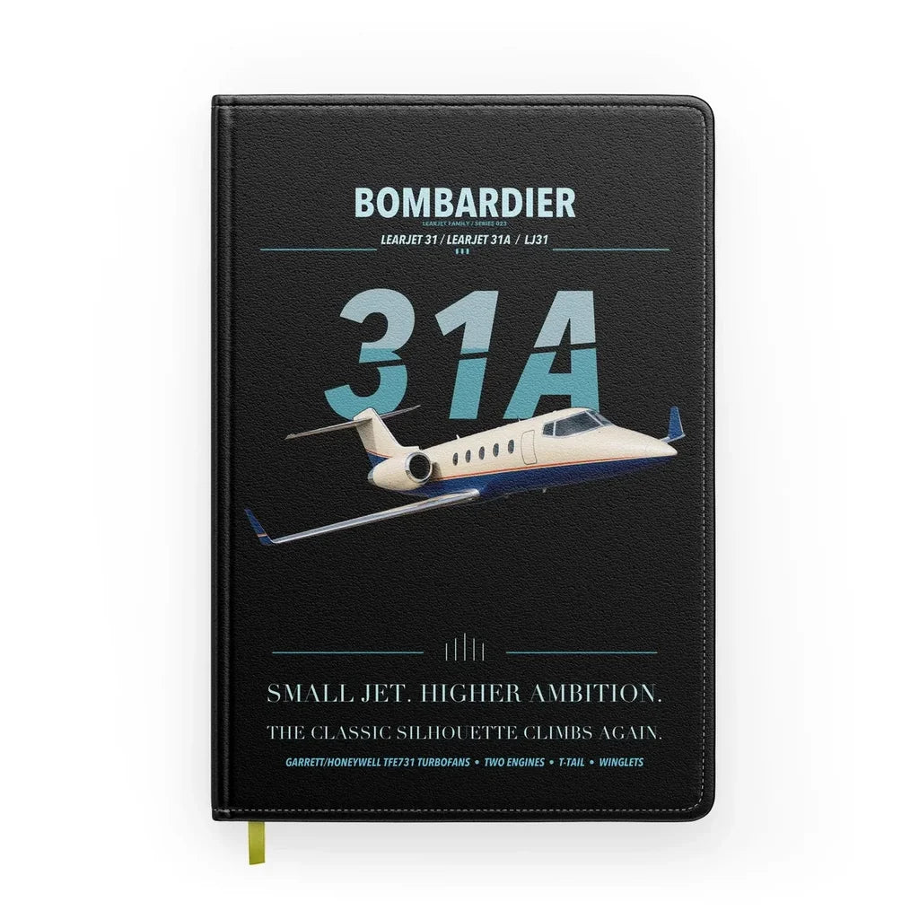 Bombardier Learjet 31A design on black notebook
