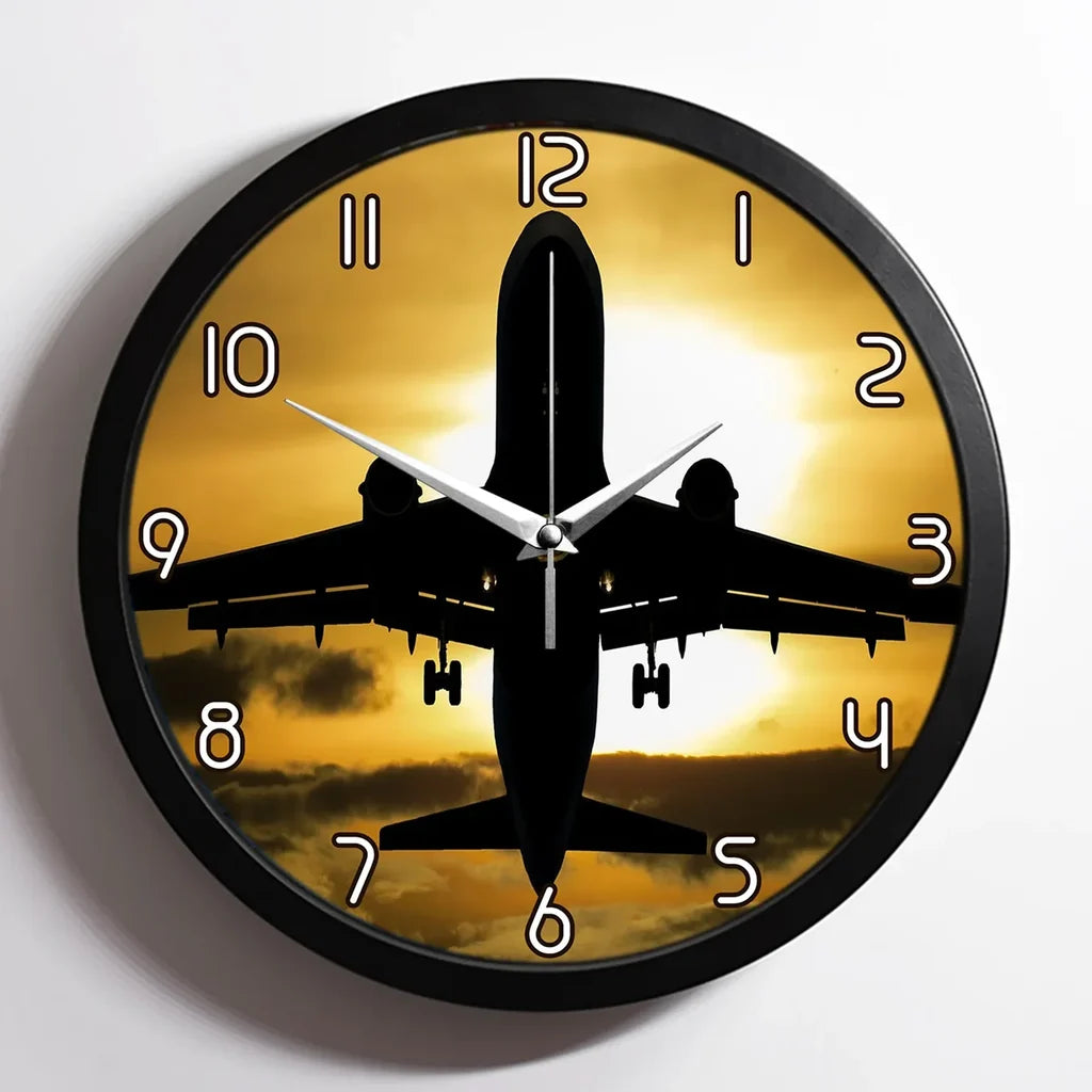 Departing Passanger Jet During Sunset aviation design on premium wood and metal wall clock.