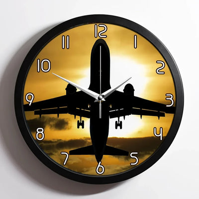 Departing Passanger Jet During Sunset aviation design on premium wood and metal wall clock.
