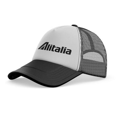 Alitalia Airlines aviation embroidery on mesh-back cotton trucker cap.