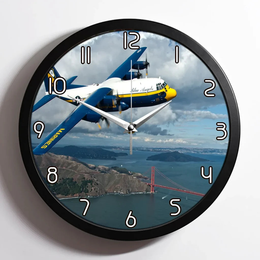 Blue Angels & Bridge aviation design on premium wood and metal wall clock.