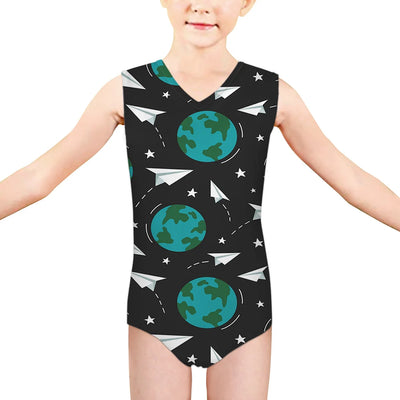 Paper Planes & Earth aviation print on kids quick-dry fabric swimsuit.