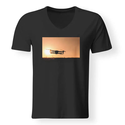 Amazing Drone in Sunset aviation design printed on soft cotton V-neck T-shirt.