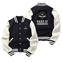 Thumbnail for Keep It Coordinated Baseball Style aviation design printed on two-tone shell with ribbed cuffs baseball jacket.