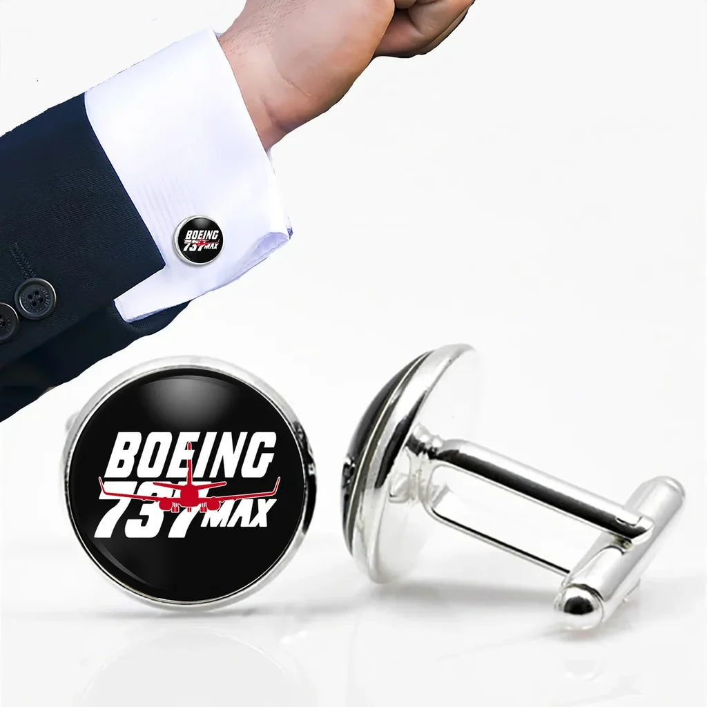 Side view of Amazing 737 Max aviation cuff links in polished metal, polished finish.
