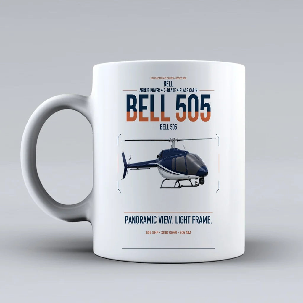 Bell 505 design on white ceramic mug, double-side print
