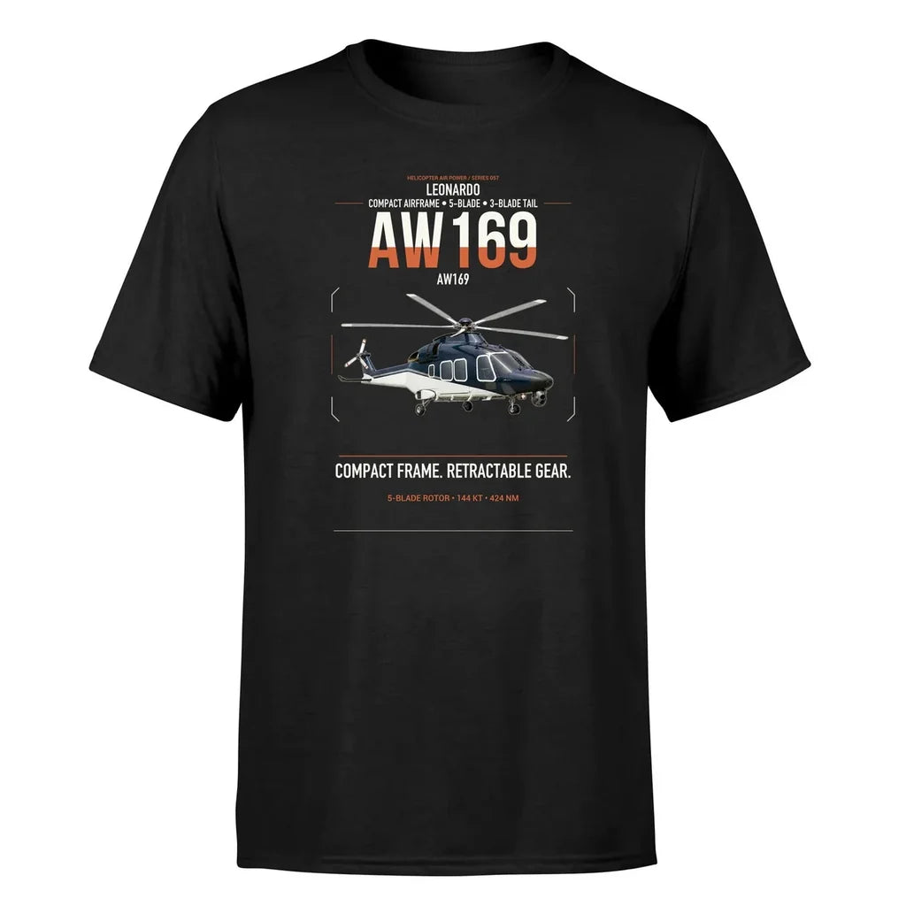 Leonardo AW169 design on black t-shirt, single-side print
