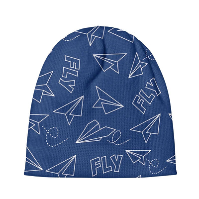 Paper Airplane & Fly (Blue) aviation embroidery on soft knit fabric 3D knit beanie.