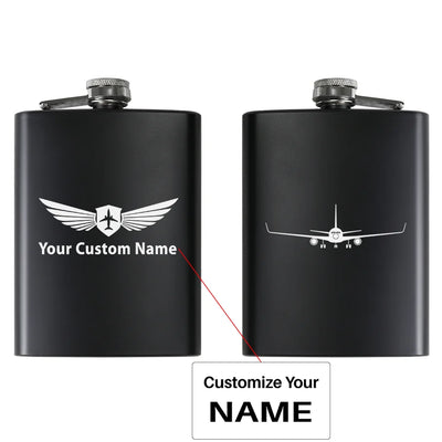 Boeing 767 Silhouette aviation design on stainless hip flask, compact pocket-size flask.