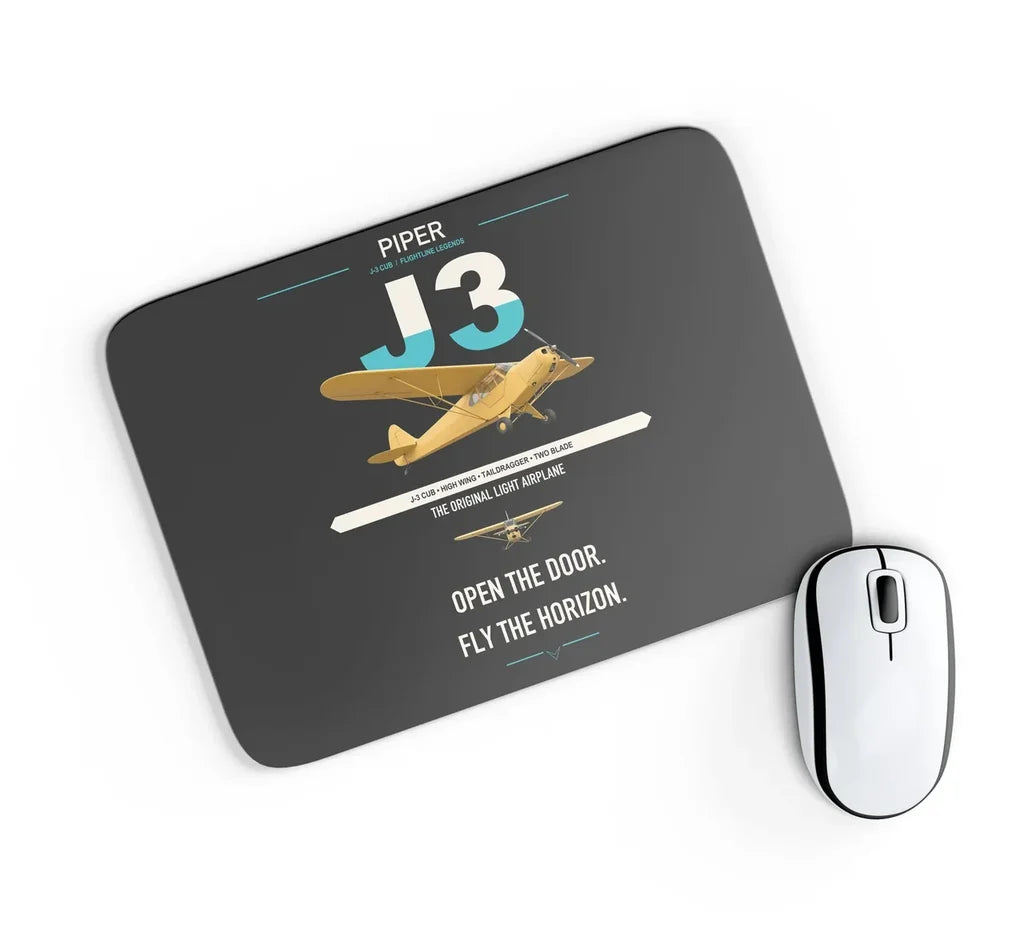Piper J-3 Cub design on black rectangle mouse pad