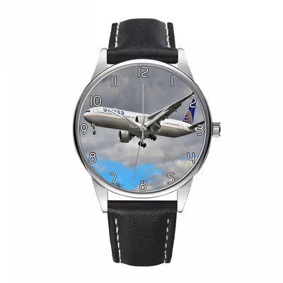 Side view of United Airways Boeing 777 aviation watch with leather strap in leather strap, polished finish.