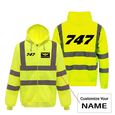 Boeing 747 Flat Text aviation design on cotton blend with reflective panels reflective zipped hoodie.