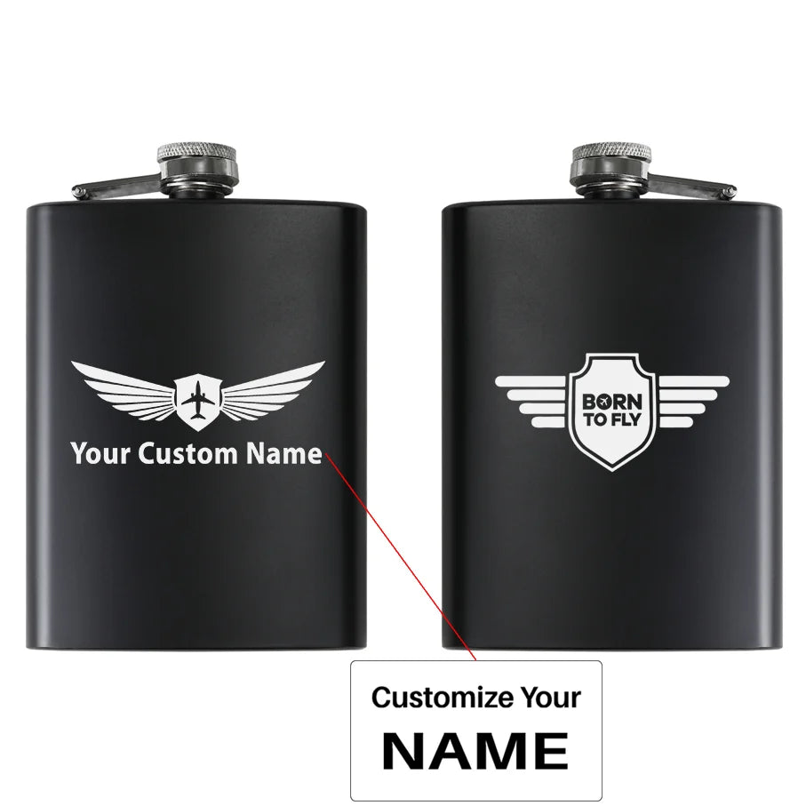 Born To Fly & Badge aviation design on stainless hip flask, compact pocket-size flask.