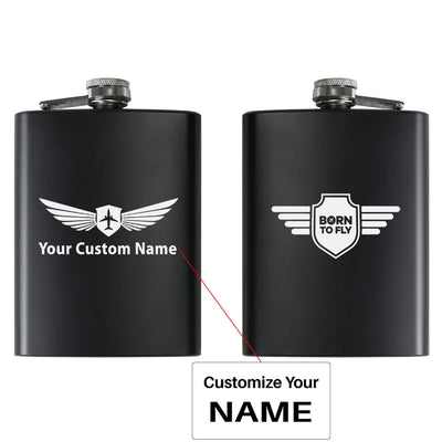 Born To Fly & Badge aviation design on stainless hip flask, compact pocket-size flask.