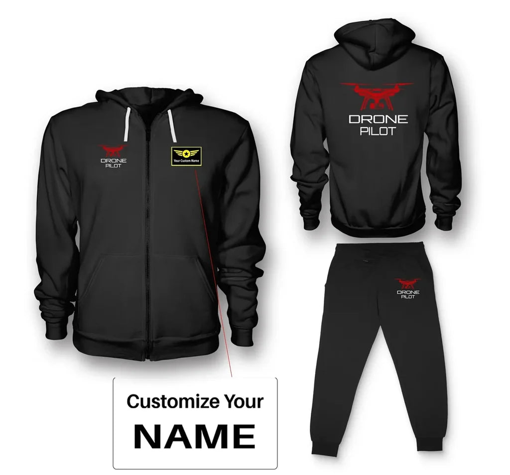 Drone aviation design on soft cotton blend zipped hoodie and sweatpants set.
