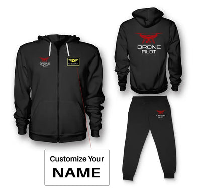 Drone aviation design on soft cotton blend zipped hoodie and sweatpants set.