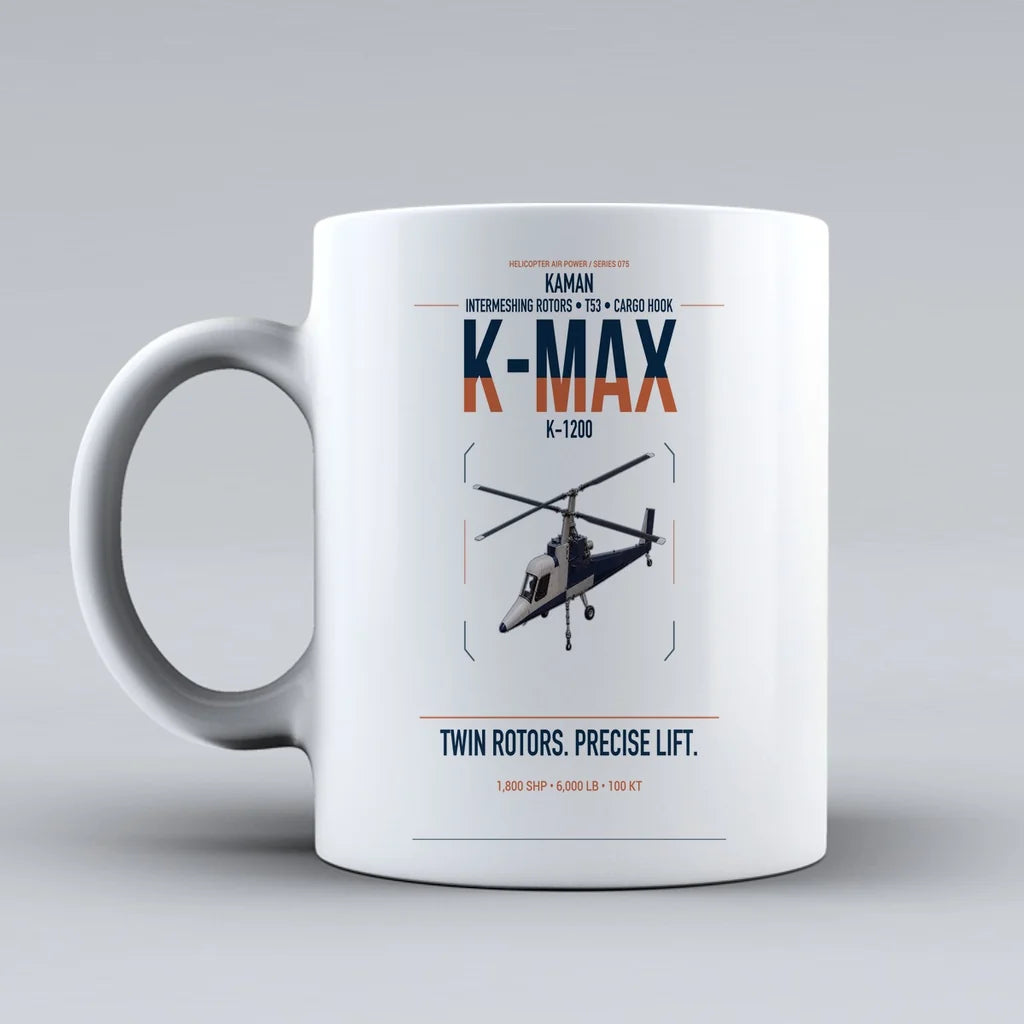 Kaman K-1200 K-MAX design on white ceramic mug, double-side print