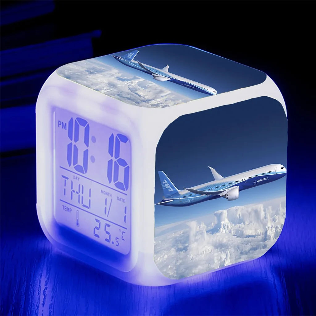Boeing 787 Dreamliner "7 Colour" Digital Alarm aviation art table clock in premium wood and metal.