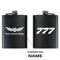 Thumbnail for Boeing 777 Flat Text aviation design on stainless hip flask, compact pocket-size flask.