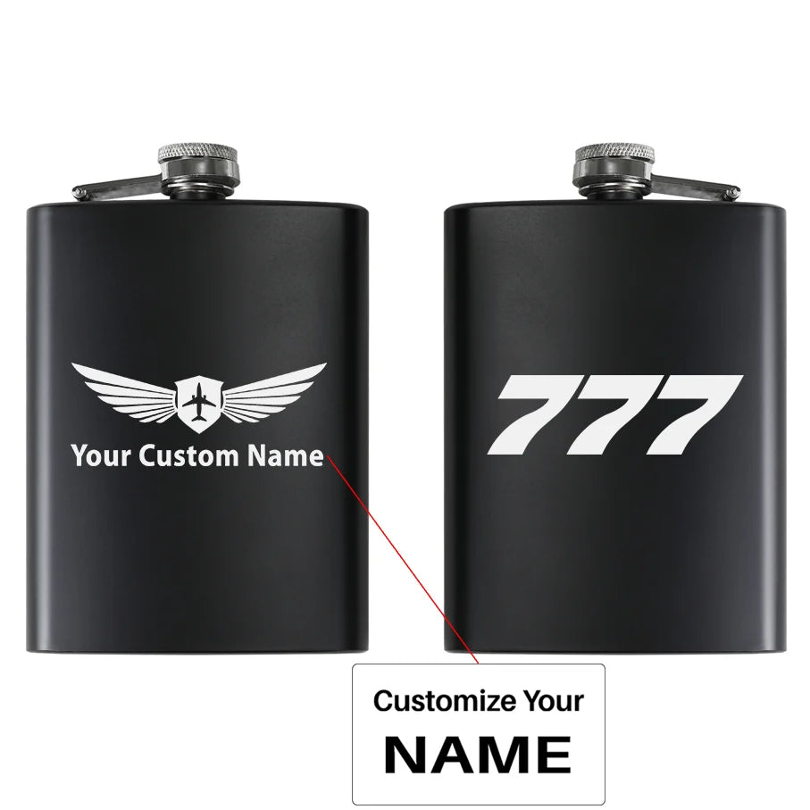 Boeing 777 Flat Text aviation design on stainless hip flask, compact pocket-size flask.