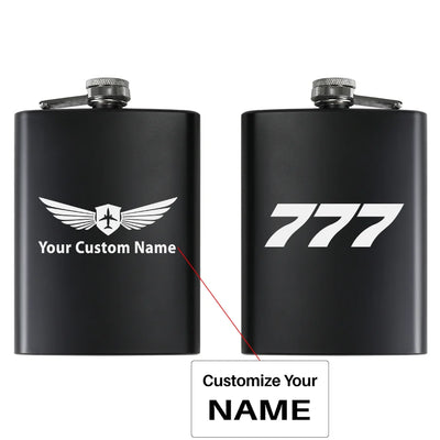 Boeing 777 Flat Text aviation design on stainless hip flask, compact pocket-size flask.