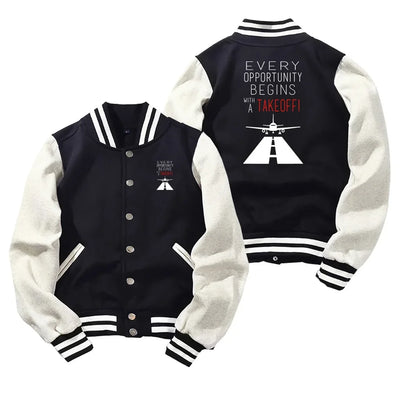 Every Opportunity Baseball Style aviation design printed on two-tone shell with ribbed cuffs baseball jacket.