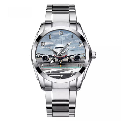 Amazing Clouds and Boeing 737 NG aviation-themed watch with stainless steel band, polished stainless steel.