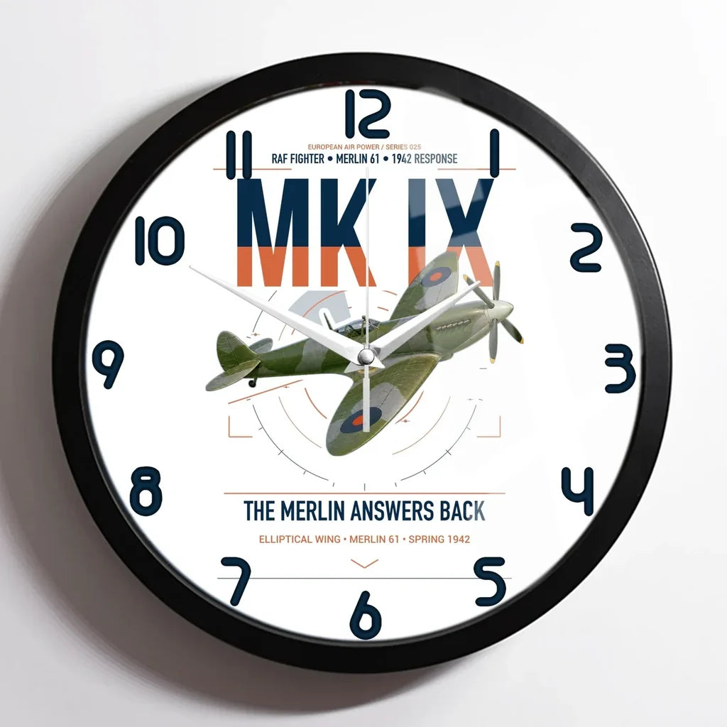 Supermarine Spitfire Mk IX design on white framed wall clock