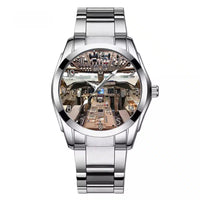 Thumbnail for Boeing 747 Cockpit aviation-themed watch with stainless steel band, polished stainless steel.