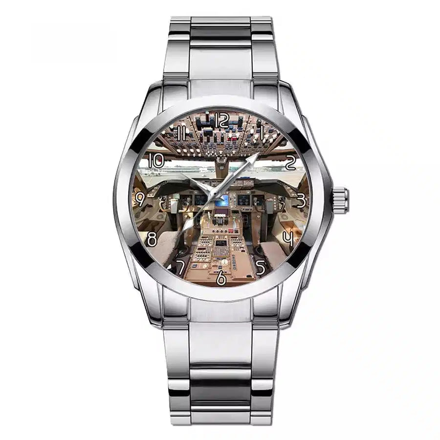 Boeing 747 Cockpit aviation-themed watch with stainless steel band, polished stainless steel.