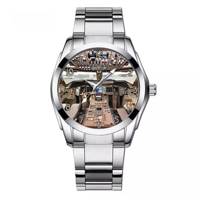 Boeing 747 Cockpit aviation-themed watch with stainless steel band, polished stainless steel.