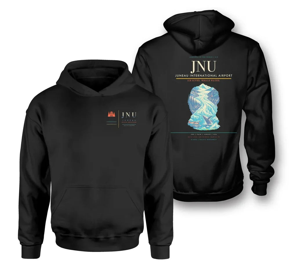 Juneau International Airport (JNU) design on black double-side hoodie