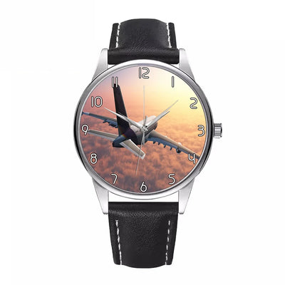 Side view of Super Cruising Airbus A380 over Clouds aviation watch with leather strap in leather strap, polished finish.