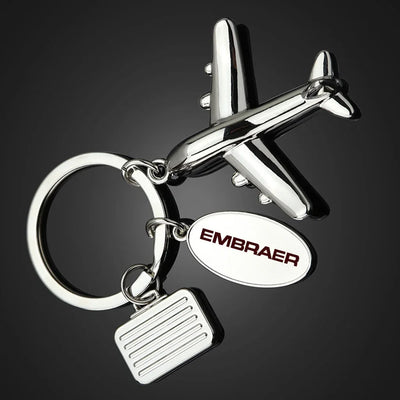 Embraer & Text Suitcase aviation shaped key chain, durable metal alloy.