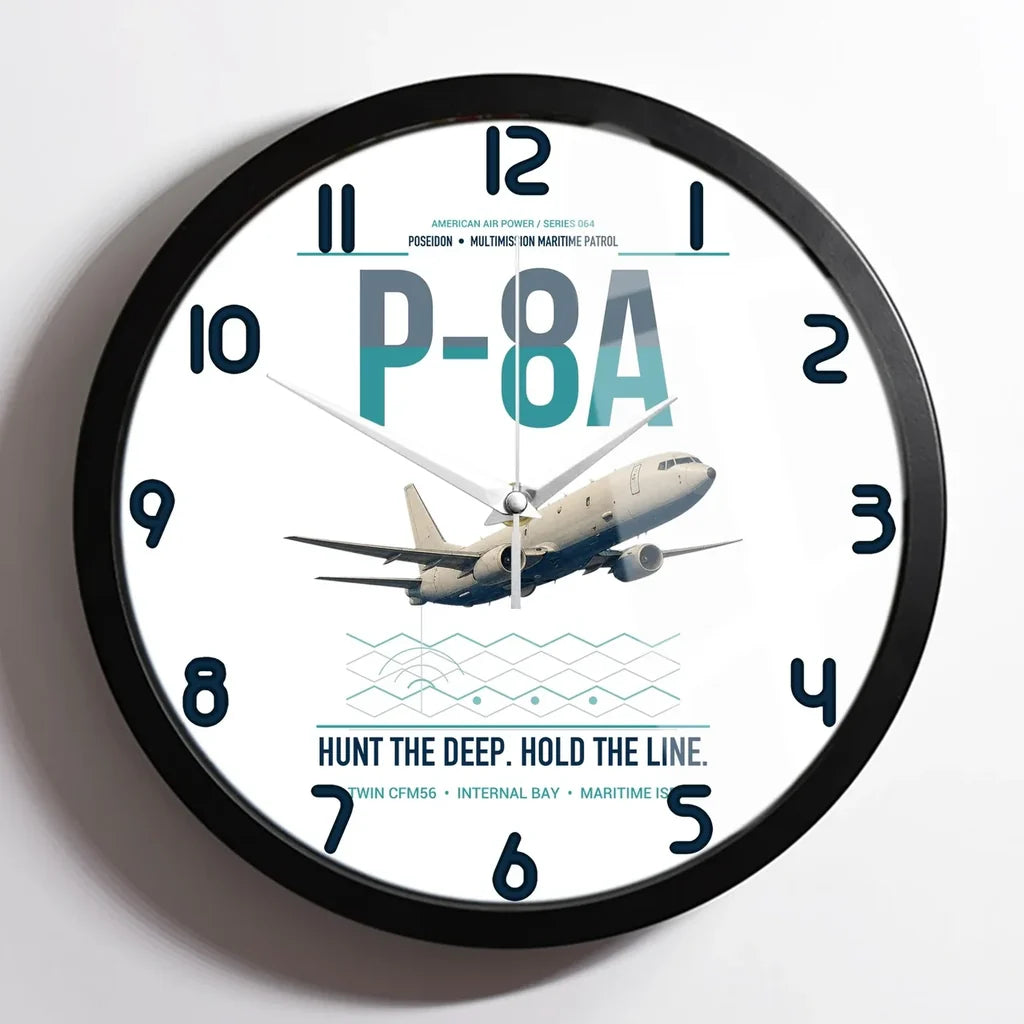P-8A Poseidon design on white framed wall clock