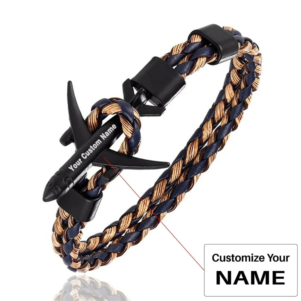 Side view of (Edition 5) Leather Style Airplane aviation bracelet in polished metal, polished finish.